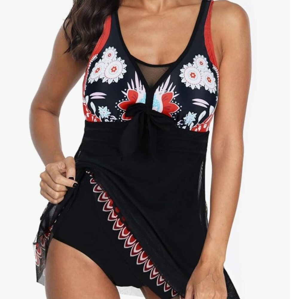 NWOT Tummy Control Women's Mesh Swim dress One Piece Swimsuit SZ L